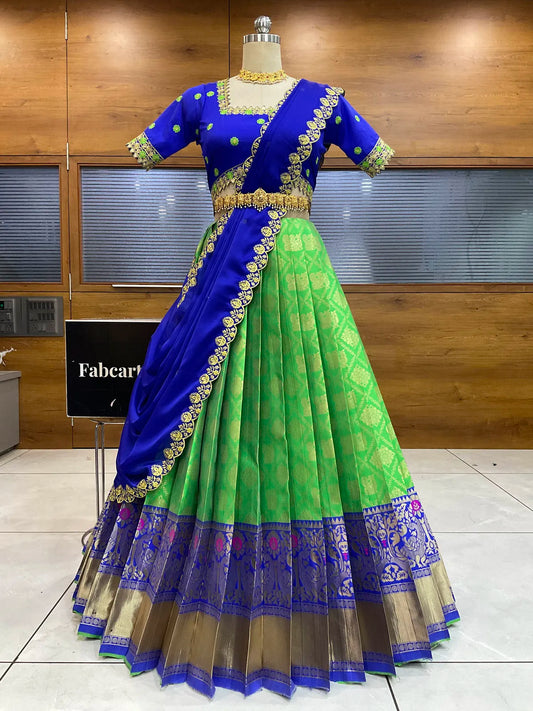 (JayaBox) Women's Woven Design zari work Half Saree with Embroidered Blouse and Dupatta