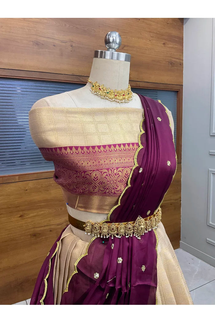 Darvika Women's Woven Design zari work Half Saree with Embroidered Blouse and Dupatta
