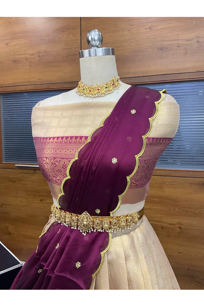 Darvika Women's Woven Design zari work Half Saree with Embroidered Blouse and Dupatta