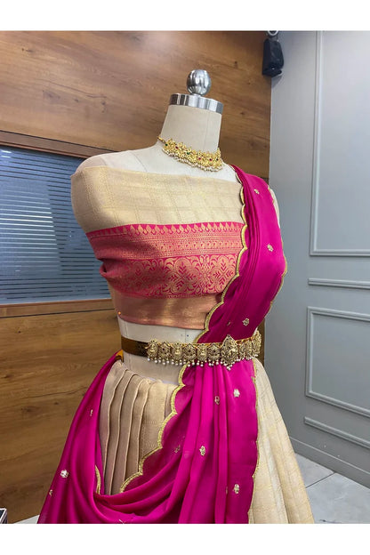 Darvika Women's Woven Design zari work Half Saree with Embroidered Blouse and Dupatta