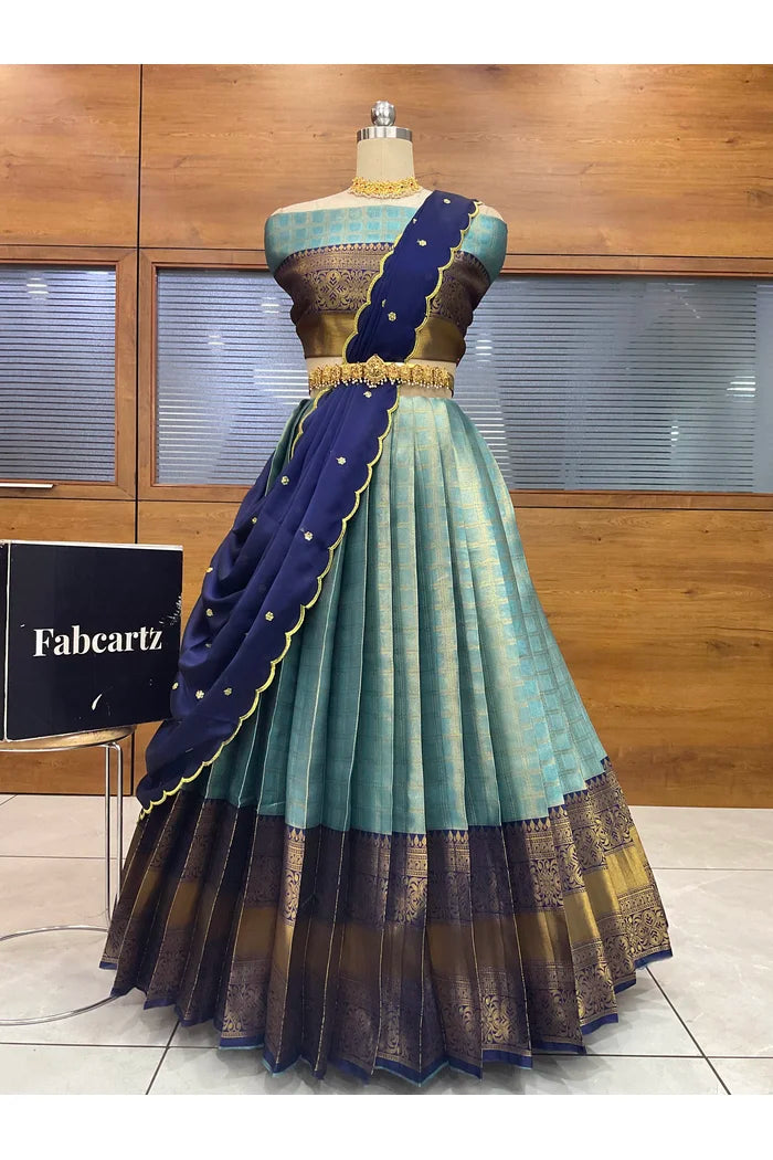 Darvika Women's Woven Design zari work Half Saree with Embroidered Blouse and Dupatta