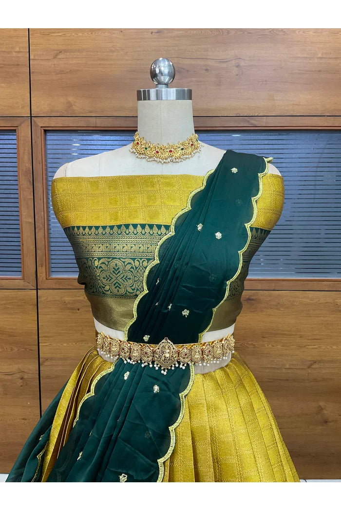 Darvika Women's Woven Design zari work Half Saree with Embroidered Blouse and Dupatta