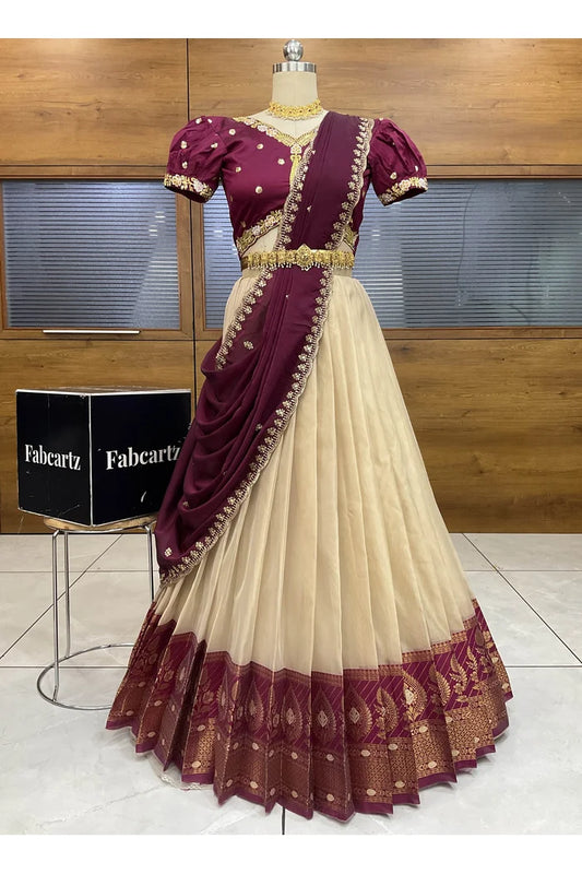 Ravleena Women's Woven Design zari work Half Saree with Embroidered Blouse and Dupatta