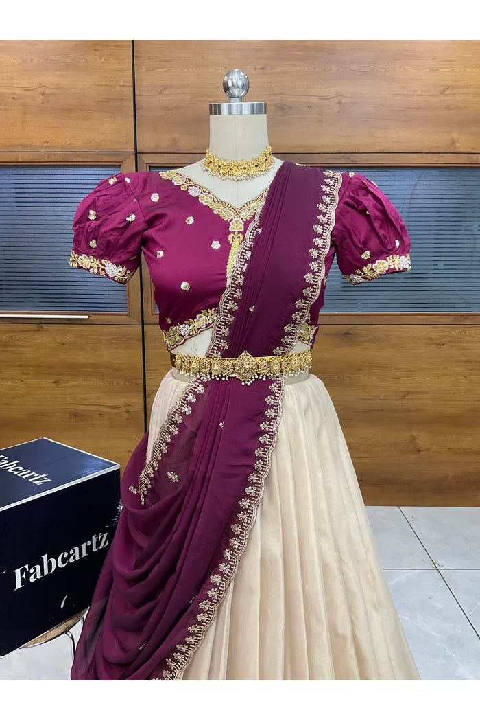 Ravleena Women's Woven Design zari work Half Saree with Embroidered Blouse and Dupatta