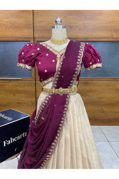 Ravleena Women's Woven Design zari work Half Saree with Embroidered Blouse and Dupatta