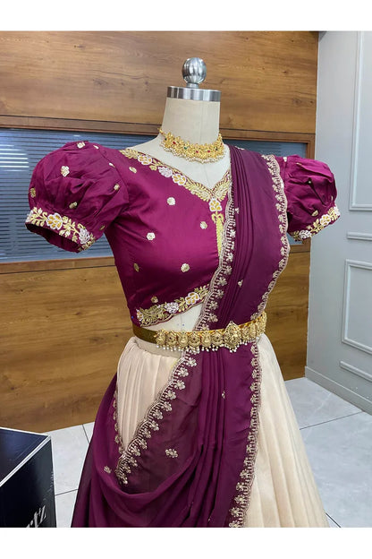 Ravleena Women's Woven Design zari work Half Saree with Embroidered Blouse and Dupatta