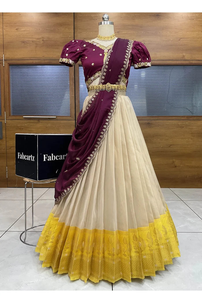 Ravleena Women's Woven Design zari work Half Saree with Embroidered Blouse and Dupatta