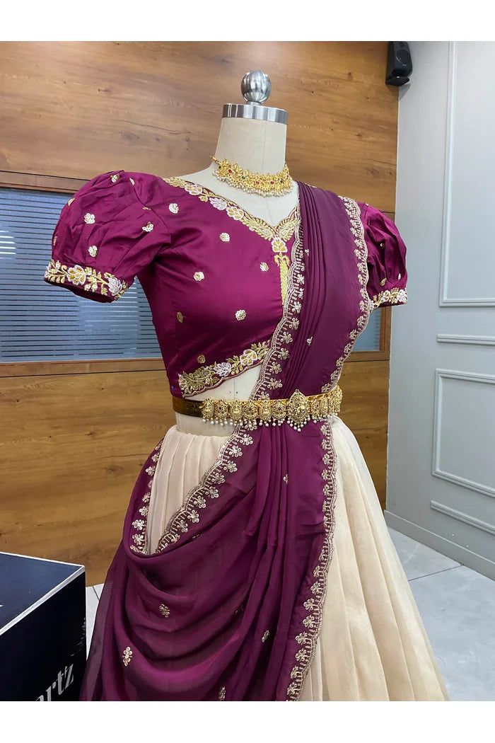 Ravleena Women's Woven Design zari work Half Saree with Embroidered Blouse and Dupatta