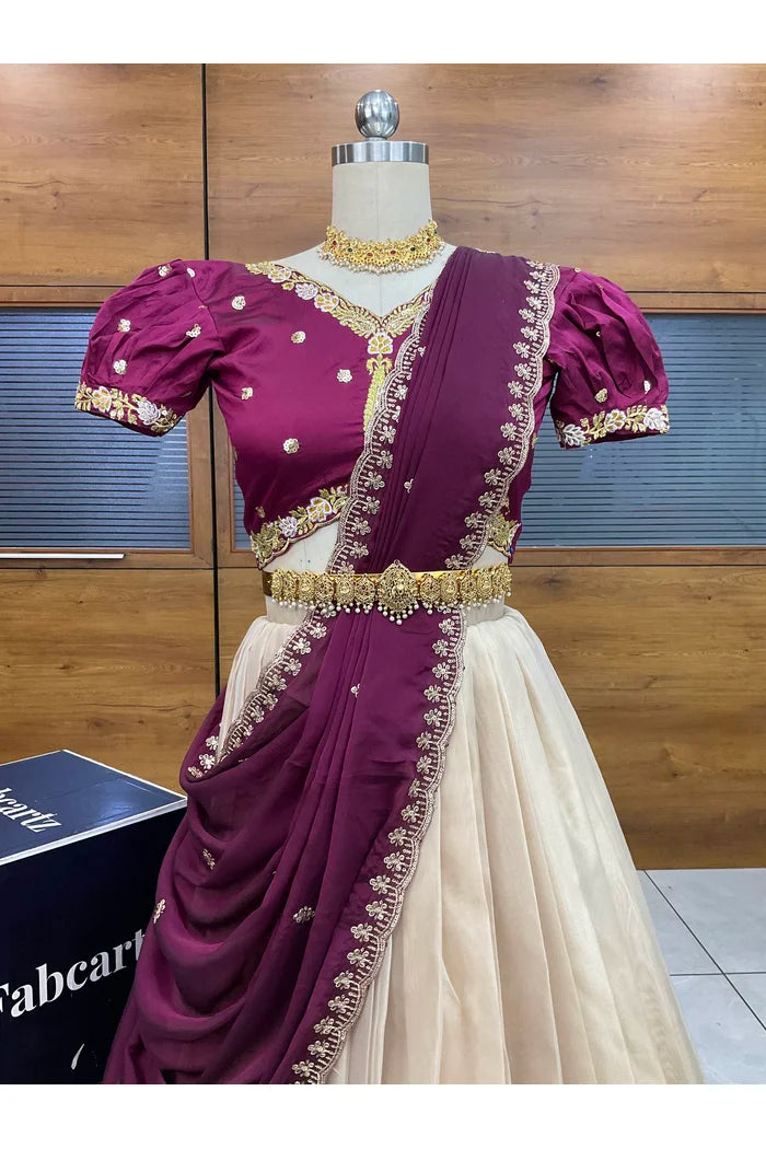 Ravleena Women's Woven Design zari work Half Saree with Embroidered Blouse and Dupatta