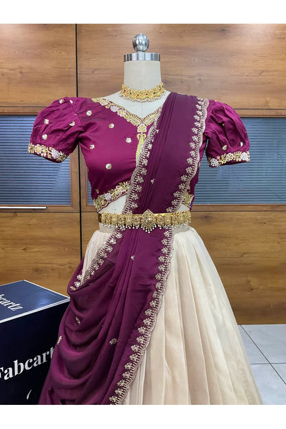 Ravleena Women's Woven Design zari work Half Saree with Embroidered Blouse and Dupatta