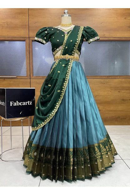 Ravleena Women's Woven Design zari work Half Saree with Embroidered Blouse and Dupatta