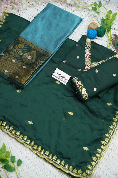 Ravleena Women's Woven Design zari work Half Saree with Embroidered Blouse and Dupatta