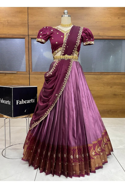 Ravleena Women's Woven Design zari work Half Saree with Embroidered Blouse and Dupatta