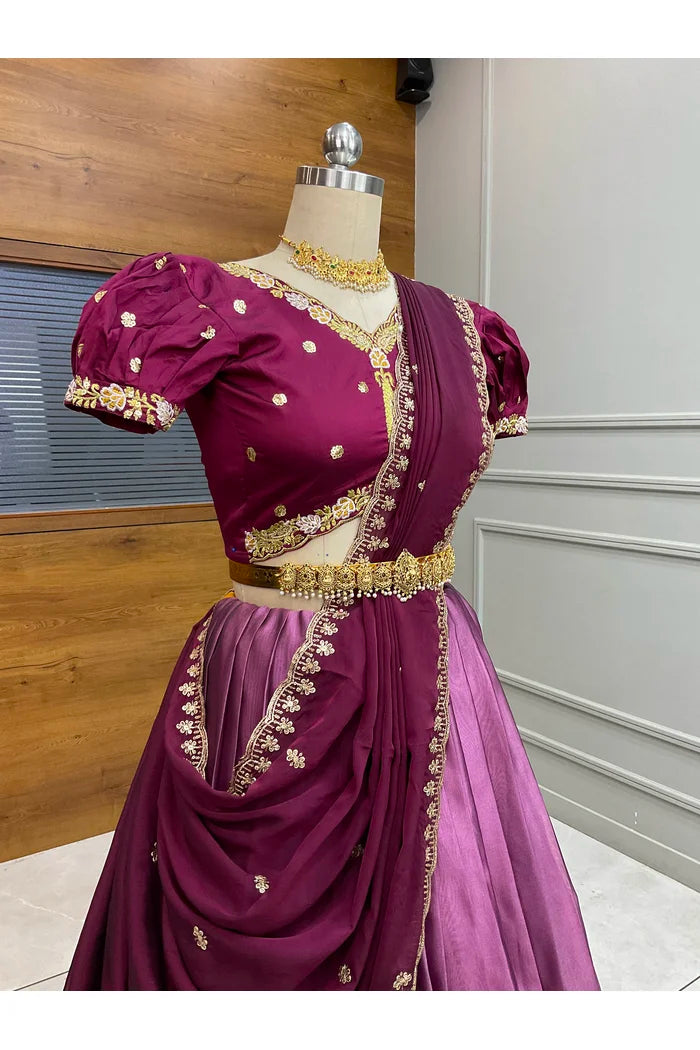 Ravleena Women's Woven Design zari work Half Saree with Embroidered Blouse and Dupatta