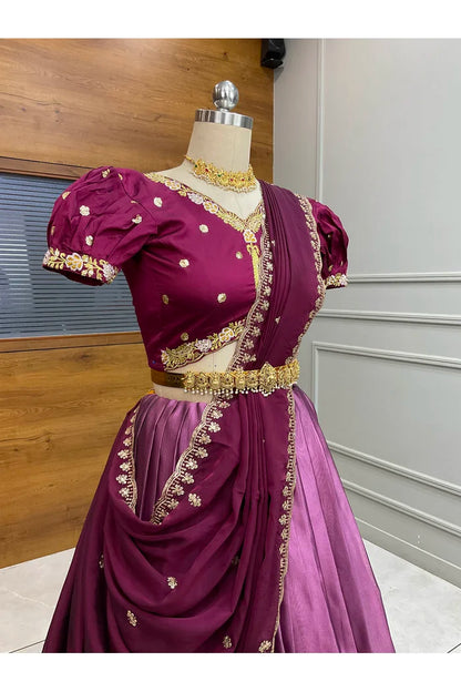 Ravleena Women's Woven Design zari work Half Saree with Embroidered Blouse and Dupatta
