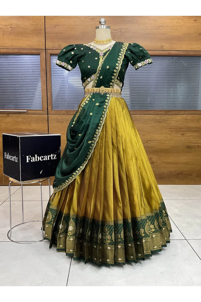 Ravleena Women's Woven Design zari work Half Saree with Embroidered Blouse and Dupatta