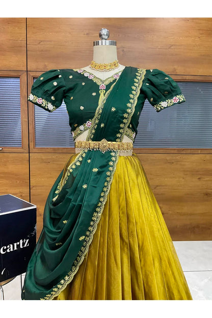 Ravleena Women's Woven Design zari work Half Saree with Embroidered Blouse and Dupatta