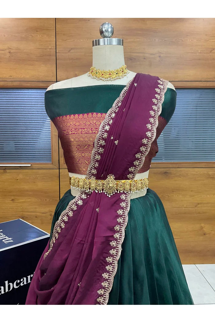 Velprita Women's Woven Design zari work Half Saree with Embroidered Blouse and Dupatta