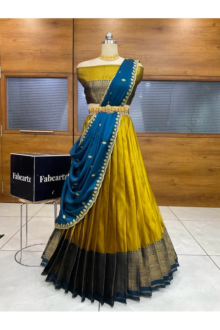 Velprita Women's Woven Design zari work Half Saree with Embroidered Blouse and Dupatta