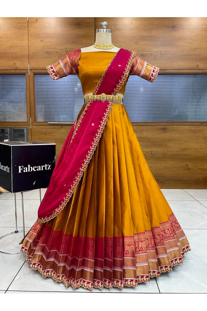 Sharvika Women's Woven Design Half Saree with Embroidered Blouse and Dupatta