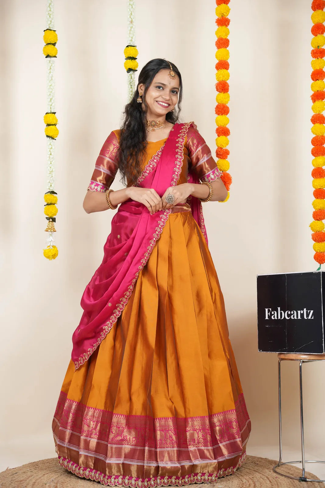 (Sharvika) Women's Woven Design Half Saree with Embroidered Blouse and Dupatta