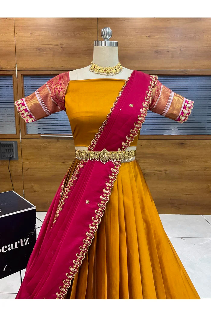 Sharvika Women's Woven Design Half Saree with Embroidered Blouse and Dupatta