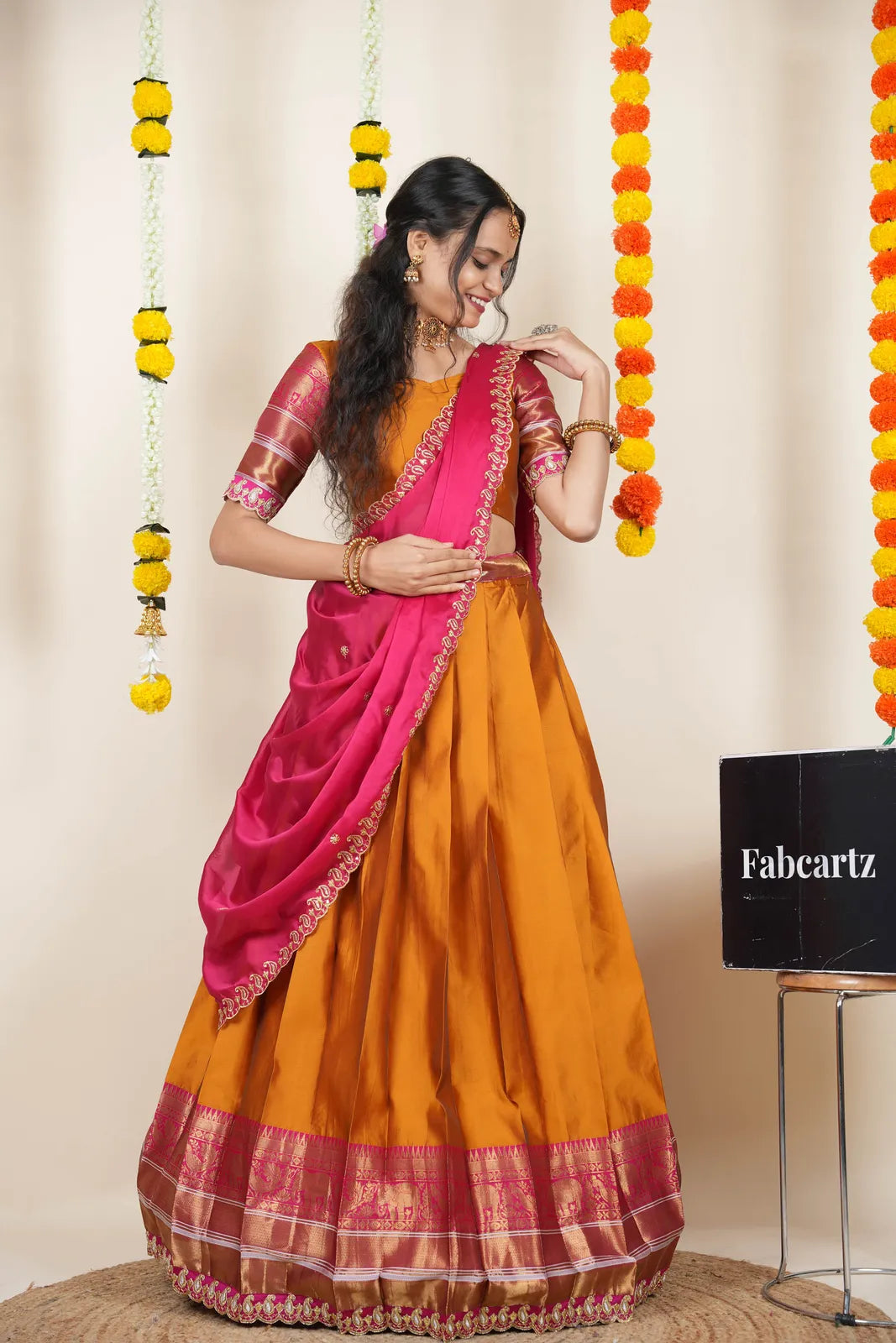 (Sharvika) Women's Woven Design Half Saree with Embroidered Blouse and Dupatta