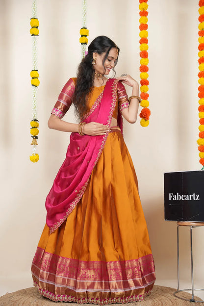 (Sharvika) Women's Woven Design Half Saree with Embroidered Blouse and Dupatta
