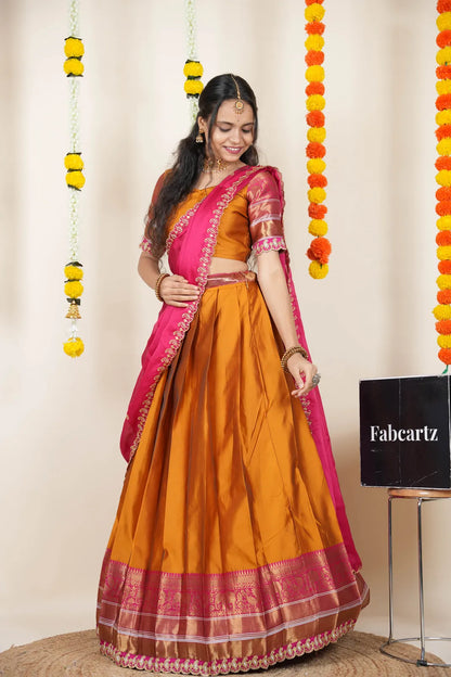 (Sharvika) Women's Woven Design Half Saree with Embroidered Blouse and Dupatta
