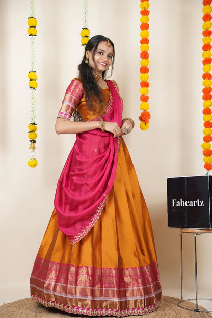 (Sharvika) Women's Woven Design Half Saree with Embroidered Blouse and Dupatta