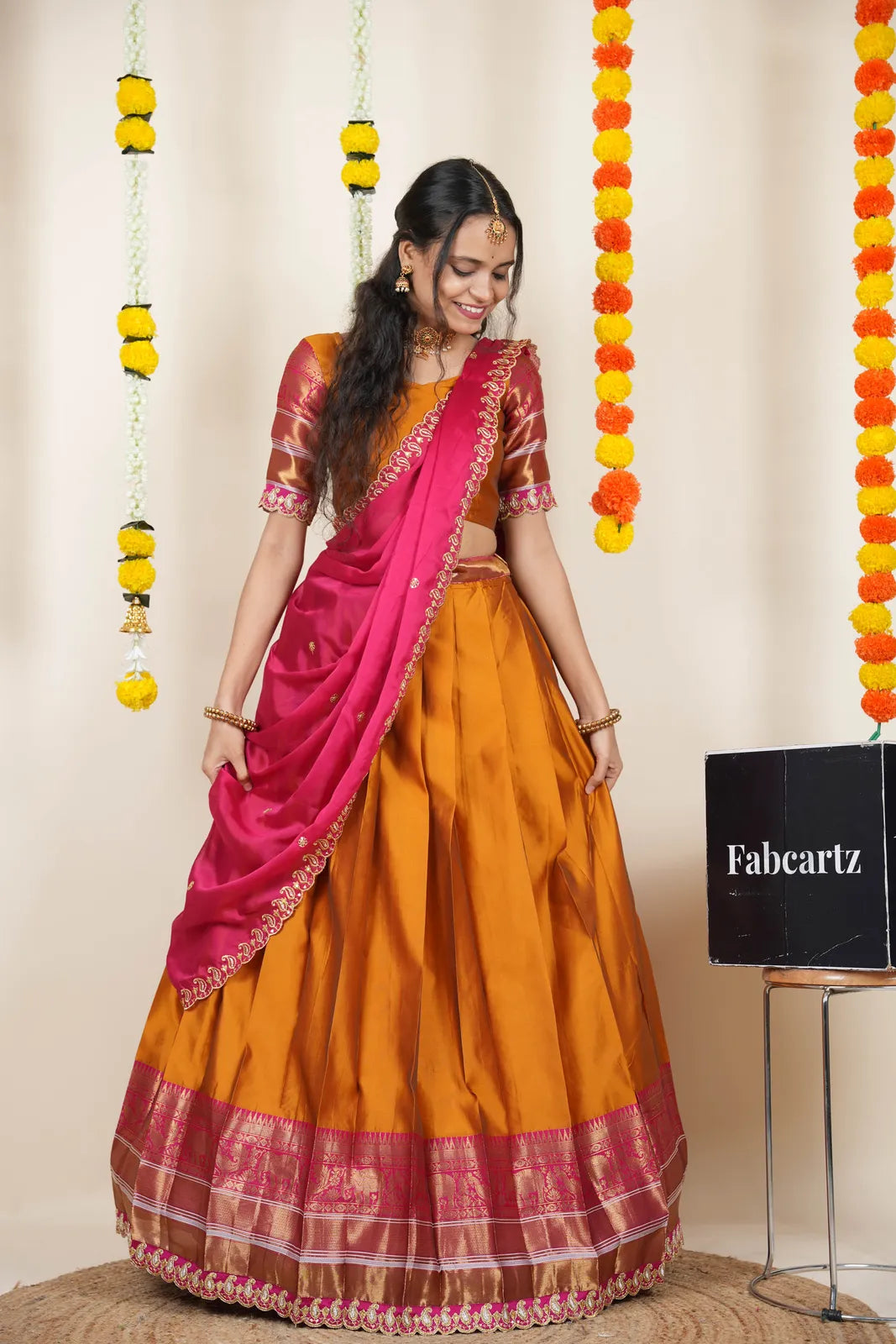 (Sharvika) Women's Woven Design Half Saree with Embroidered Blouse and Dupatta
