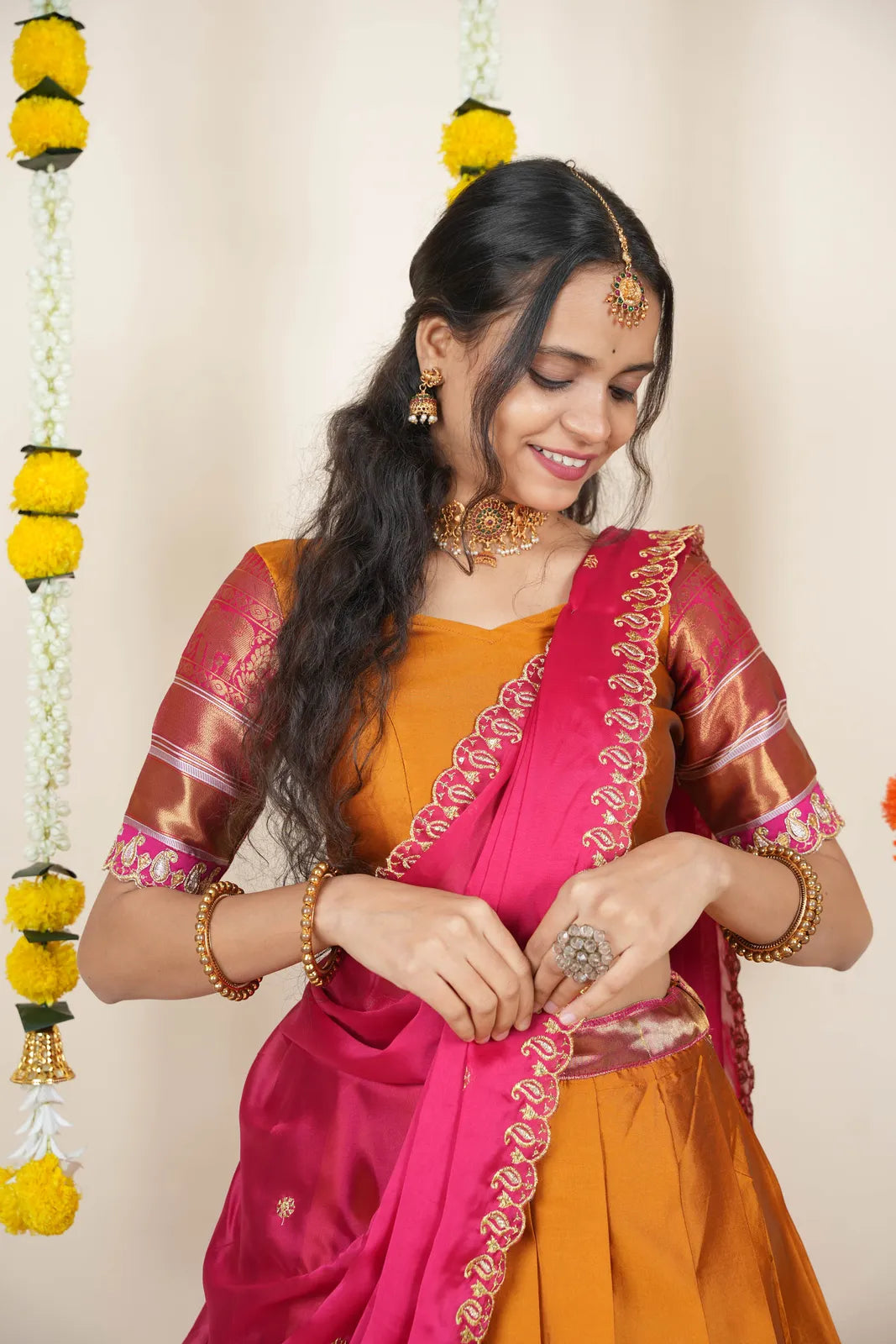 (Sharvika) Women's Woven Design Half Saree with Embroidered Blouse and Dupatta