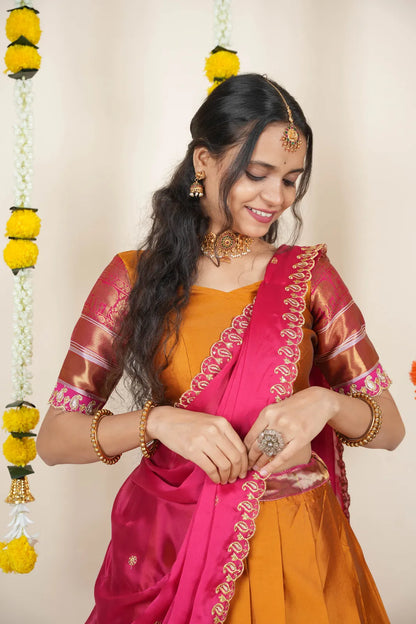 (Sharvika) Women's Woven Design Half Saree with Embroidered Blouse and Dupatta
