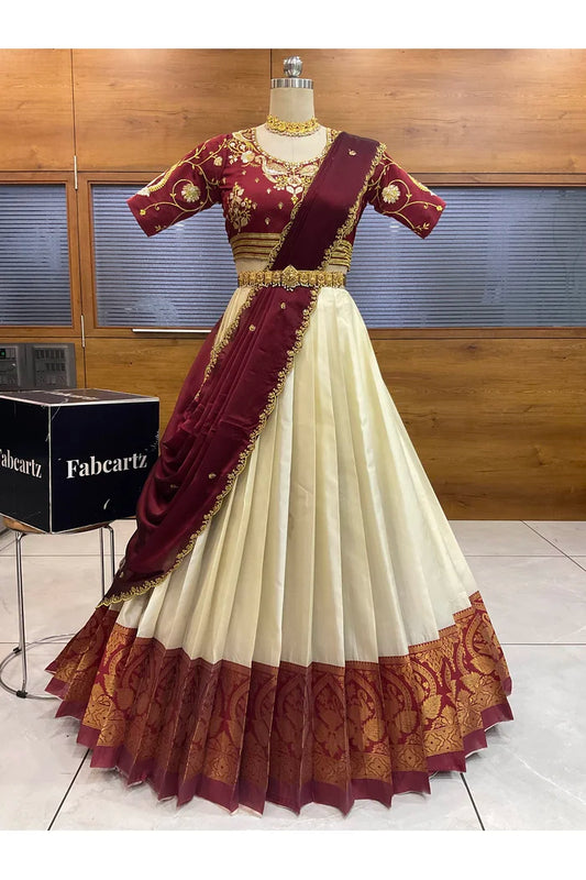 Pragna Women's Woven Design zari work Half Saree with Embroidered Blouse and Dupatta