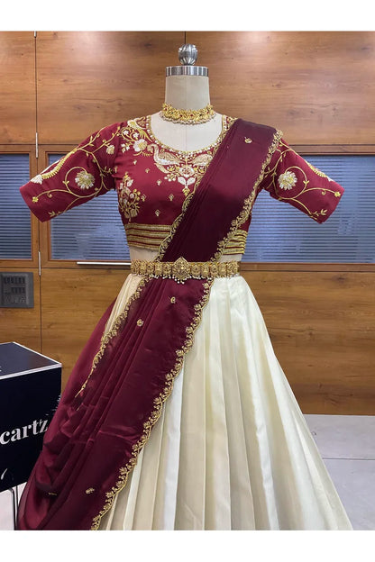 Pragna Women's Woven Design zari work Half Saree with Embroidered Blouse and Dupatta