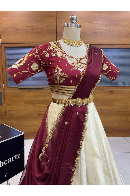 Pragna Women's Woven Design zari work Half Saree with Embroidered Blouse and Dupatta