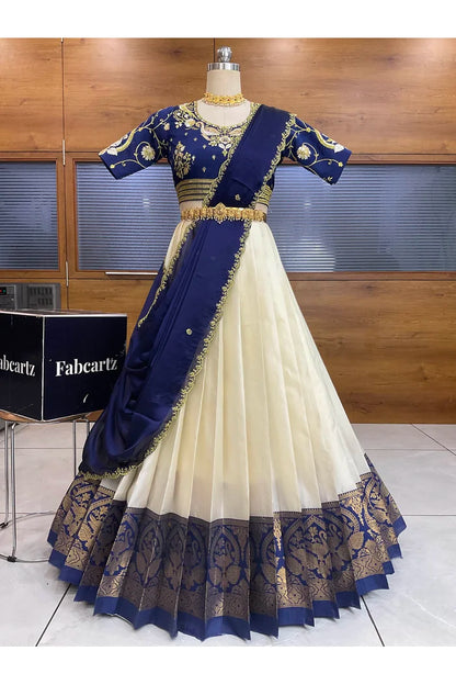 Pragna Women's Woven Design zari work Half Saree with Embroidered Blouse and Dupatta