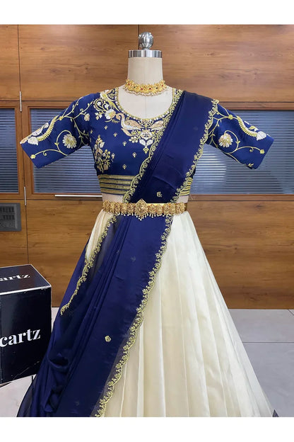 Pragna Women's Woven Design zari work Half Saree with Embroidered Blouse and Dupatta