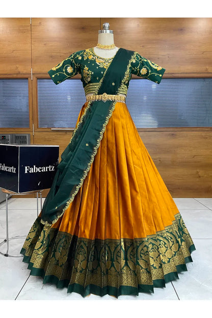 Pragna Women's Woven Design zari work Half Saree with Embroidered Blouse and Dupatta