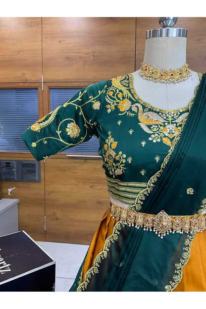 Pragna Women's Woven Design zari work Half Saree with Embroidered Blouse and Dupatta