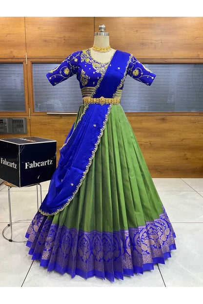 Pragna Women's Woven Design zari work Half Saree with Embroidered Blouse and Dupatta