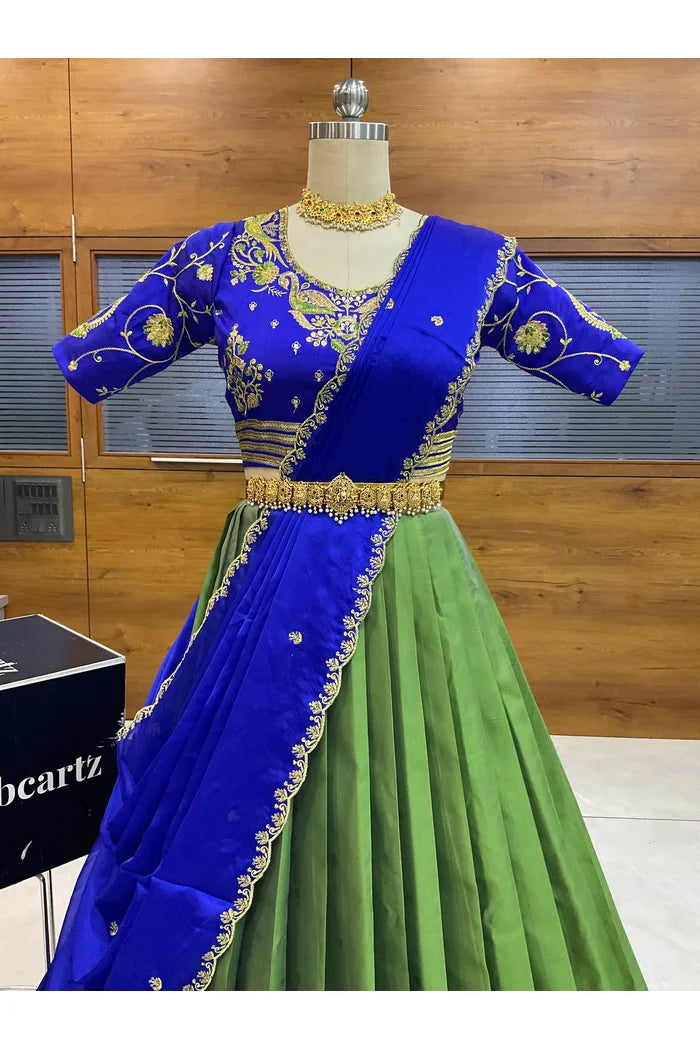 Pragna Women's Woven Design zari work Half Saree with Embroidered Blouse and Dupatta