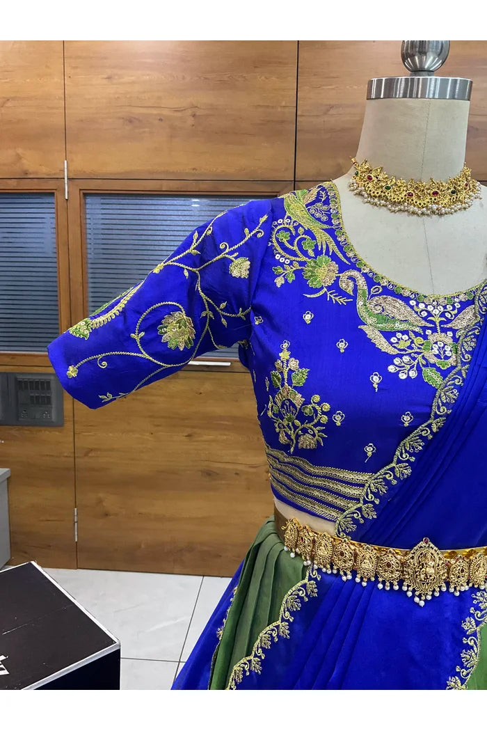 Pragna Women's Woven Design zari work Half Saree with Embroidered Blouse and Dupatta