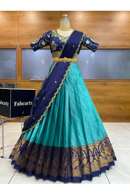 Pragna Women's Woven Design zari work Half Saree with Embroidered Blouse and Dupatta