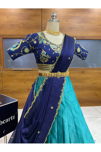 Pragna Women's Woven Design zari work Half Saree with Embroidered Blouse and Dupatta