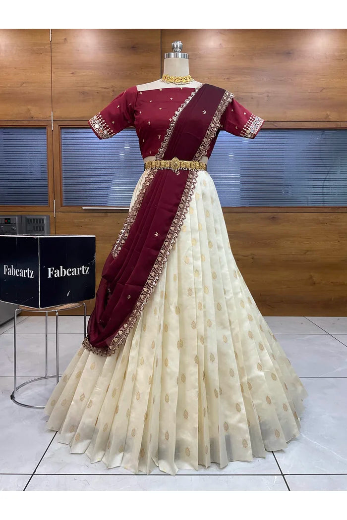 Ridhima South Indian Festival Traditional Half Saree with Embroidered Blouse & Dupatta
