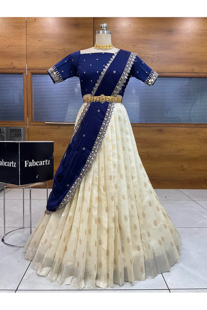 Ridhima South Indian Festival Traditional Half Saree with Embroidered Blouse & Dupatta