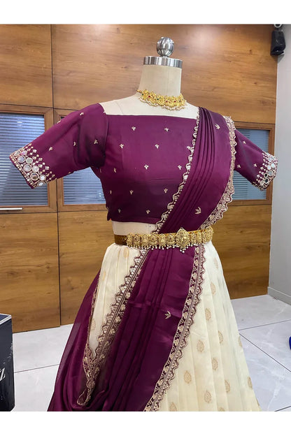 Ridhima South Indian Festival Traditional Half Saree with Embroidered Blouse & Dupatta
