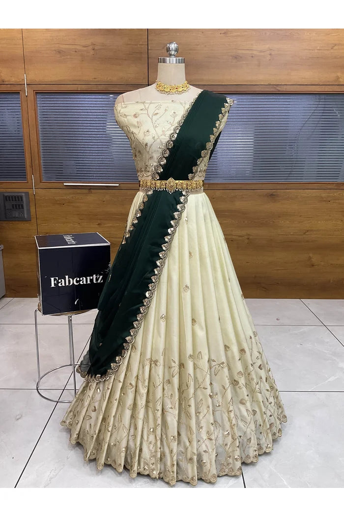 Satyabhumi Women's Embroidered Half Saree with Blouse and Dupatta