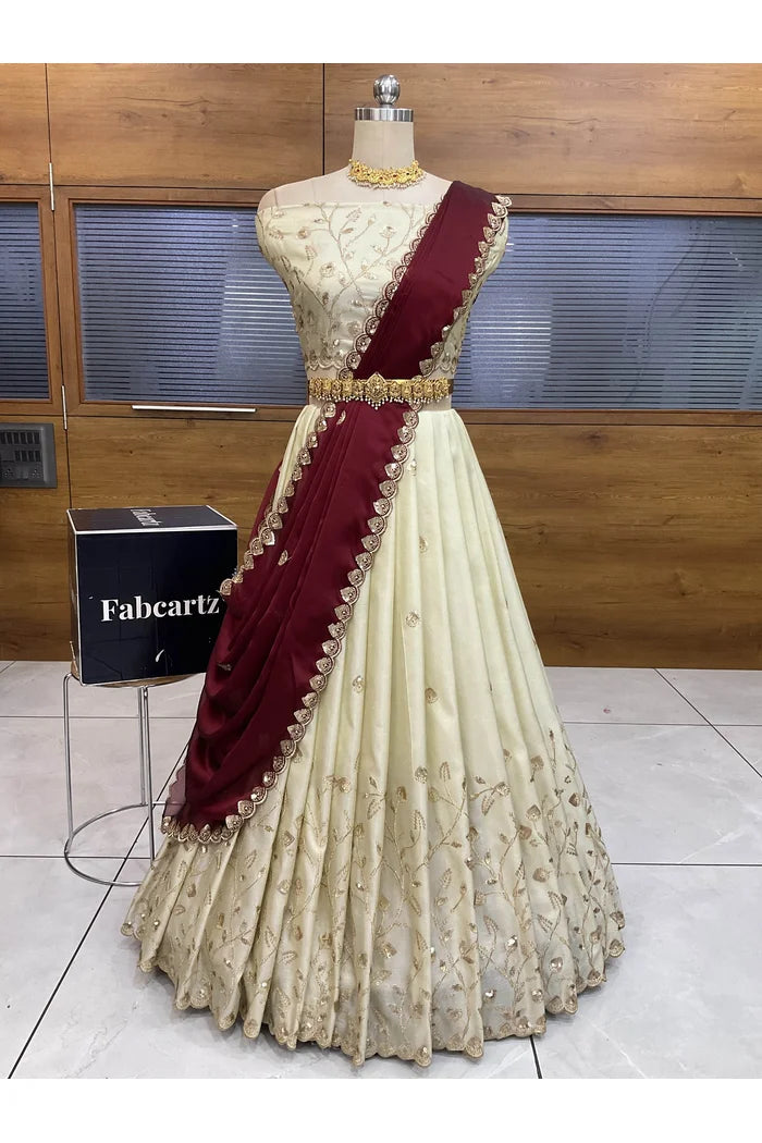 Satyabhumi Women's Embroidered Half Saree with Blouse and Dupatta